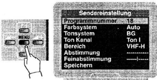 MENU Sendereinstellung Programmnummer 18 Farbsystem . Auto Tonsystem BG Ton Kanal Ton I Bereich VHF-H Abstimmung ------------------ Feinabstimmung ------------------ Speichern ------------------