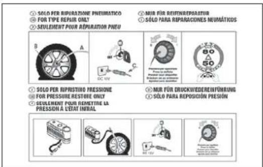 ① SOLO PER RIPRATIZIONE PNEUMÁTICO ② FOR TYPE REPAIR ONLY ③ SEULEMENT POUR REPARACIONE PNEU ④ NUR FÜR REIFENREPARATOR ⑤ SÓLO PARA REPARACIONES NEUMÁTICOS B A C DC 10V 80° 4 50° ① SOLO PER RIPRASTINO PRESSIONE ② FOR PRESSURE RESTORE ONLY ③ SEULEMENT POUR REMETTRE LA PRESSION A L'ETAT INITIAL ④ NUR FÜR CRUCKWEDEREINFÜHRUNG ⑤ SÓLO PARA REPOSICIÓN PRESIÓN