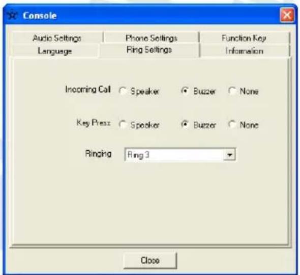 Console Audio Settings Phone Settings Function Key Language Ring Settings Information Incoming Call Speaker Buzzer None Key Press Speaker Buzzer None Ringing Ring 3 Close