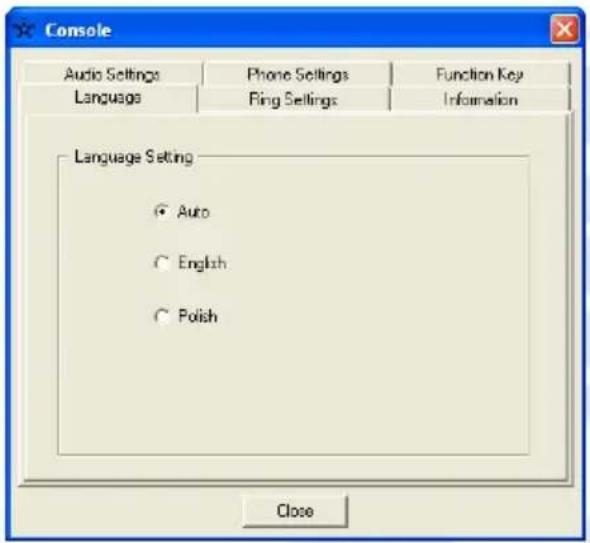 Console Audio Settings Phone Settings Function Key Language Ring Settings Information Language Setting ● Auto ○ English ○ Polish Close