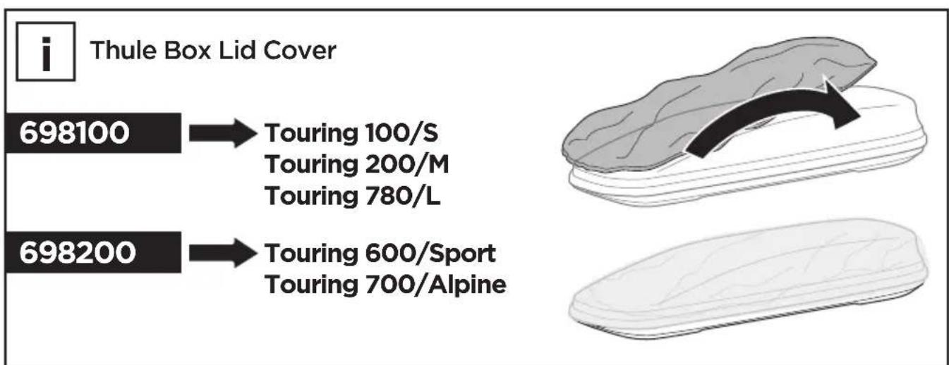 i Thule Box Lid Cover 698100 → Touring 100/S Touring 200/M Touring 780/L 698200 → Touring 600/Sport Touring 700/Alpine