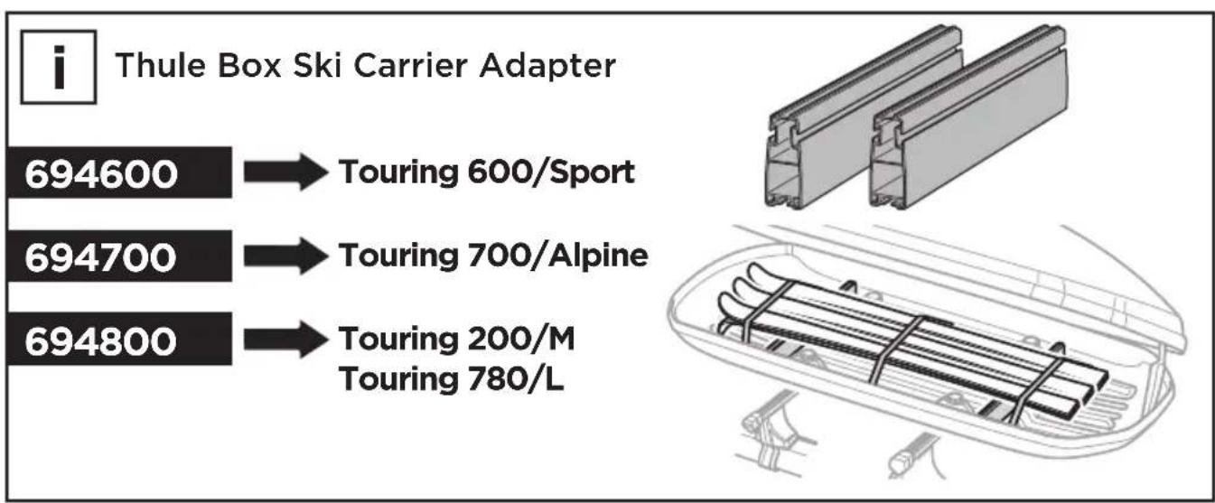 i Thule Box Ski Carrier Adapter 694600 → Touring 600/Sport 694700 → Touring 700/Alpine 694800 → Touring 200/M Touring 780/L