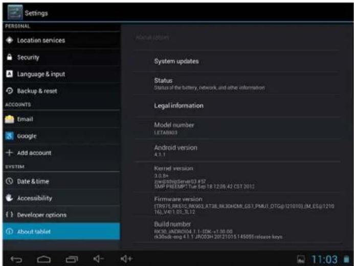 Settings PERSONAL Location services Security Language & input Backup & reset ACCOUNTS Email Google Add account SYSTEM Date & time Accessibility Developer options About tablet External Options System updates Status Status of the battery, network, and other information Legal information Model number LETAB903 Android version 4.1.1 Kernel version 3.0.8+ zw6569@rseve03 #57 SMP PREEMPT Tue Sep 18 12:05:42 CST 2012 Firmware version ETR975_RKSTG_RK903_AT38_BK30HOMI_GS1_SMU1_OTG@121010(M_ESG@1210 T6)_V411_01_32_12 Build number RCN0_ANDR0004.1.1-SDK-+1.00.00. d30sdk-eng 4.1.1_JRC03H 2021015.145055release keys