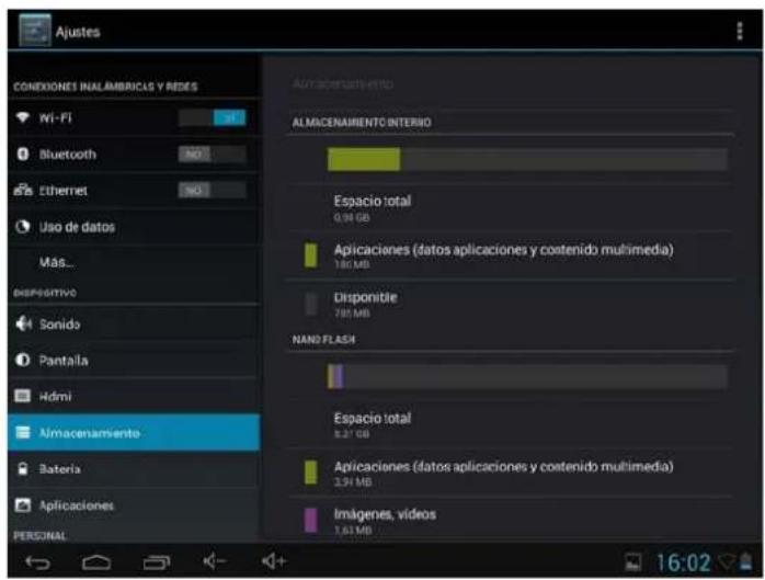 Ajustes CONEXIONES INALAMBRICUS Y REDES Wi-Fi Bluetooth Ethernet Uso de datos Mas... Dispositivo Sonido Pantala HDMI Almacenamiento Bateria Aplicaciones PERSONAL Almacenamiento ALMACENAMIENTO INTERIO Espacio total 0,94 GB Aplicaciones (datos aplicaciones y contenido multimedia) 180 MB Disponible 785 MB NAND FLASH Espacio total 5,27 GB Aplicaciones (datos aplicaciones y contenido multimedia) 3,94 MB Imágenes, vídeos 1,61 MB 16:02