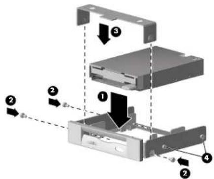 Diagram of a computer drive assembly showing labeled components and directional arrows indicating assembly steps.