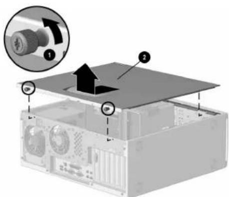 Diagram showing a computer tower with labeled components and an inset view of the component being inserted into a hard drive.