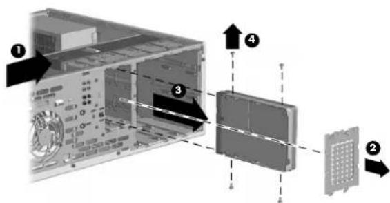 Diagram of a computer tower internal structure with numbered components and directional arrows indicating assembly or component alignment.