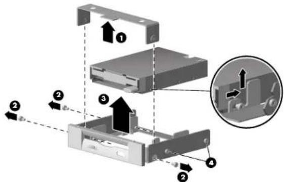 Diagram of a computer drive assembly showing labeled components and directional arrows indicating assembly steps.
