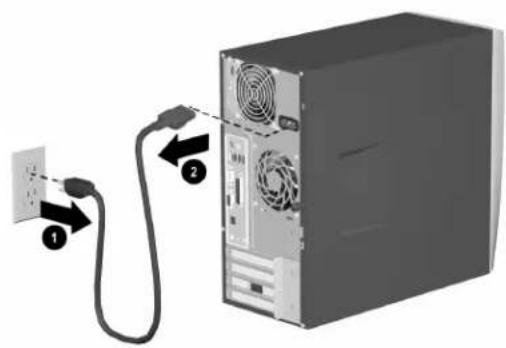 Diagram showing computer tower connection with labeled components: power outlet, cable, and fan drive