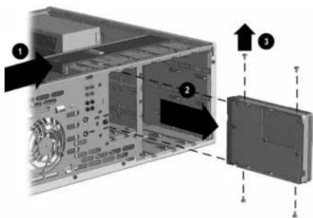 Diagram of a computer tower internal structure with numbered components and directional arrows indicating assembly or installation steps.
