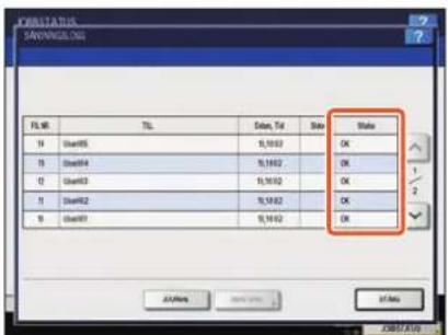 TOSHIBA E-Studio 6560c - Listan över kommunikationsstatus visas. Om [OK] anges under "Status", har överföringen lyckats. - 1
