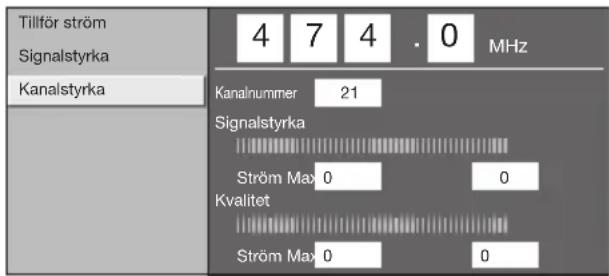 Tillför ström Signalstyrka Kanalstyrka 4 7 4 . 0 MHz Kanalnummer 21 Signalstyrka Ström Max 0 0 Kvalitet Ström Max 0 0