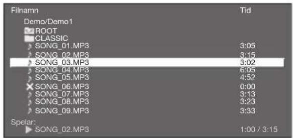 Filamn Demo/Demo1 ✓ ROOT ■ CLASSIC SONG_01.MP3 SONG_02.MP3 SONG_03.MP3 SONG_04.MP3 SONG_05.MP3 SONG_06.MP3 SONG_07.MP3 SONG_08.MP3 SONG_09.MP3 Spelar: SONG_02.MP3 Tid 3:05 3:15 3:02 6:05 4:52 0:00 3:13 3:23 3:33 1:00 / 3:15