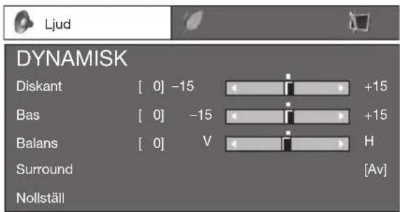 Ljud DYNAMISK Diskant [ 0] -15 +15 Bas [ 0] -15 +15 Balans [ 0] V H Surround Nollställ [Av]