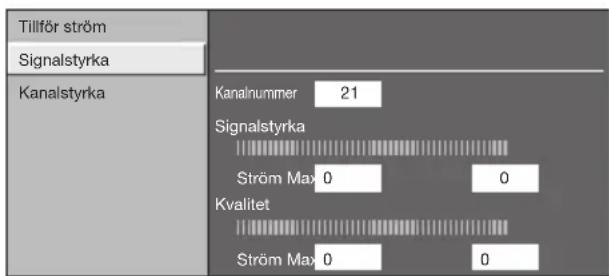 Tillför ström Signalstyrka Kanalstyrka Kanalnummer 21 Signalstyrka Ström Max 0 0 Kvalitet Ström Max 0 0