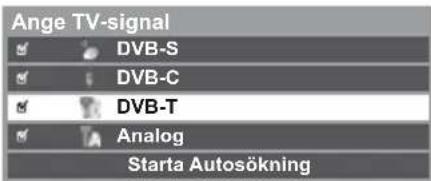 Ange-TV-signal DVB-S DVB-C DVB-T Analog Starta Autosökning