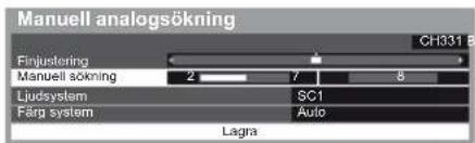 Manuell analogsökning Finjustering CH331 B Manuell sökning 2 7 8 Ljudsystem SC1 Färg system Auto Lagra