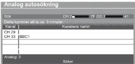 Analog autosökning Sök CH 2 78 CC 1 41 Detta kommer att ta ca. 3 minuter. Kanal Kanalens namn CH 29 CH 33 BBC1 Analog: 2 Söker