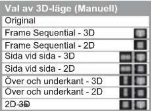 Val av 3D-läge (Manuell) Original Frame Sequential - 3D Frame Sequential - 2D Sida vid sida - 3D Sida vid sida - 2D Över och underkant - 3D Över och underkant - 2D 2D-3D