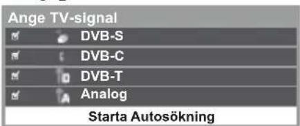 Ange TV-signal DVB-S DVB-C DVB-T Analog Starta Autosökning