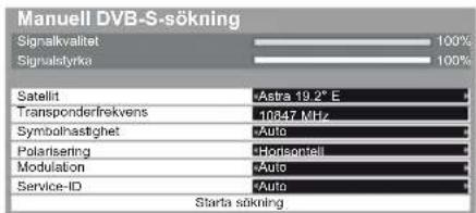 Manuell DVB-S-sökning Signalkvalitet 100% Signalstyrka 100% Satellit "Astra 19.2° E" Transponderfrekvens 10847 MHz Symbolhastighet "Auto" Polarisering "Hondsonell" Modulation "Auto" Service-ID "Auto" Starta sökning