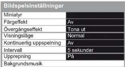 Bildspelsinställningar Miniatyr Färgeffekt Av Övergångseffekt Tona ut Visningsläge Normal Kontinuerlig uppspelning Av Intervall 5 sekunder Upprepning På Bakgrundsmusik
