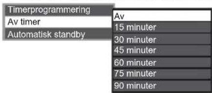 Timerprogrammering Av timer Automatisk standby Av 15 minuter 30 minuter 45 minuter 60 minuter 75 minuter 90 minuter
