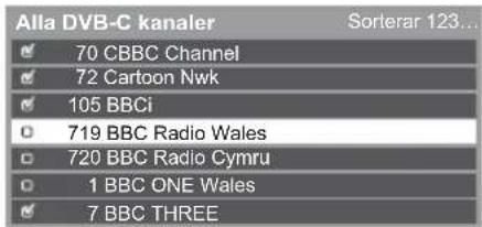Alla DVB-C kanaler 70 CBBC Channel 72 Cartoon Nwk 105 BBCi 719 BBC Radio Wales 720 BBC Radio Cymru 1 BBC ONE Wales 7 BBC THREE Sorterar 123...