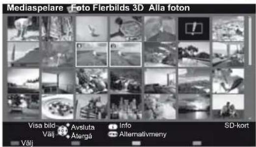 Mediaspelare Foto Flerbilds 3D Alla foton Visa bild Avsluta Info SD-kort Välj Atargá Alternativmeny Välj