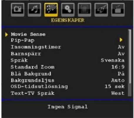 EGENS KAPER Movie Sense Pip-Pap Insomningstimer Av Barnspärr Av Språk Svenska Standard Zoom 16:9 Blå Bakgrund På Bakgrundsljus Auto OSD-tidsutlösning 15 sek Text-TV Språk West Ingen Signal