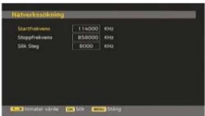 Natverkssökning Startfrekvens 114000 KHz Stoppfrekvens B58000 KHz Sök StIng B000 KHz In 3 immater vörde On Söke uting Sträng