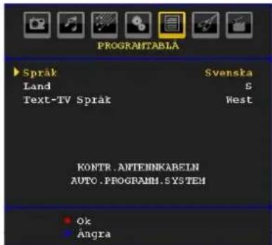 PROGRAMTABLÄ Språk Svenska Land S Text-TV Språk West KONTR.ANTEHNKABELN AUTO.PROGRAMM.SYSTEM Ok Angra