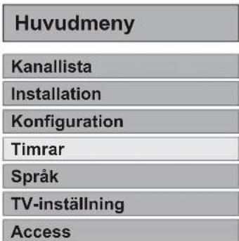 Huvudmeny Kanallista Installation Konfiguration Timrar Språk TV-inställning Access