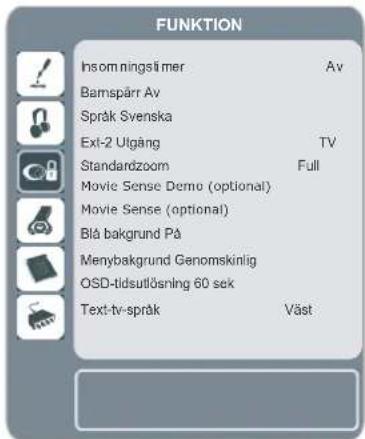 FUNKTION Insomningslimer Av Bamspärr Av Språk Svenska Ext-2 Utgång TV Standardzoom Full Movie Sense Demo (optional) Movie Sense (optional) Blå bakgrund På Menybakgrund Genomskinlig OSD-tidsutlösning 60 sek Text-tv-språk Väst