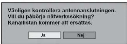 Vänligen kontrollera antennanslutningen. Vill du påbörja nätverkssökning? Kanallistan kommer att ersättas. Ja Nej