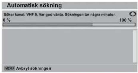 Automatisk sökning Söker kanal: VHF 5. Var god vänta. Sökningen tar några minuter. 0 % 100 % MENU Avbryt sökningen
