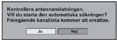 Kontrollera antennanslutningen. Vill du starta den automatiska sökningen? Föregående kanallista kommer att ersättas.