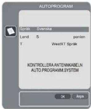 AUTOPROGRAM Språk Svenska Land S panien T WestXT Språk KONTROLLERA ANTENNKABELN AUTO.PROGRAMM.SYSTEM OK Angra