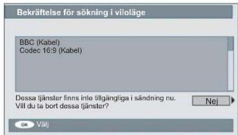 Bekräftelse för sökning i viloläge BBC (Kabel) Codec 16:9 (Kabel) Dessa tjänster finns inte tillgängliga i sändning nu. Vill du ta bort dessa tjänster? Nej OK Välj
