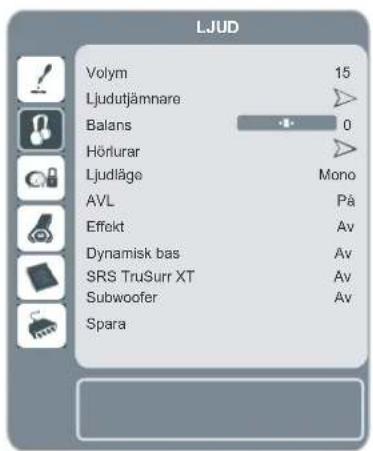 LJUD Volym 15 Ljudutjämnare Balans 0 Hörlurar Ljudläge Mono AVL På Effekt Av Dynamisk bas Av SRS TruSurr XT Av Subwoofer Av Spara