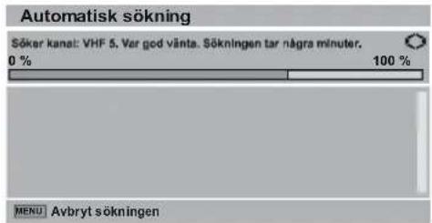 Automatisk sökning Söker kanal: VHF 5, Ver god vänta. Sökningen tar några minuter. 0 % 100 % MENU Avbryt sökningen