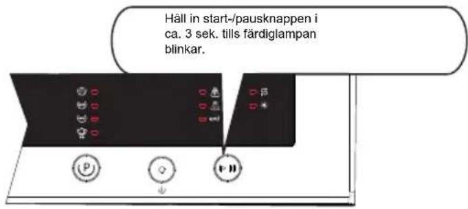 Håll in start-/pausknappen i ca. 3 sek. tills färdiglampan blinkar.