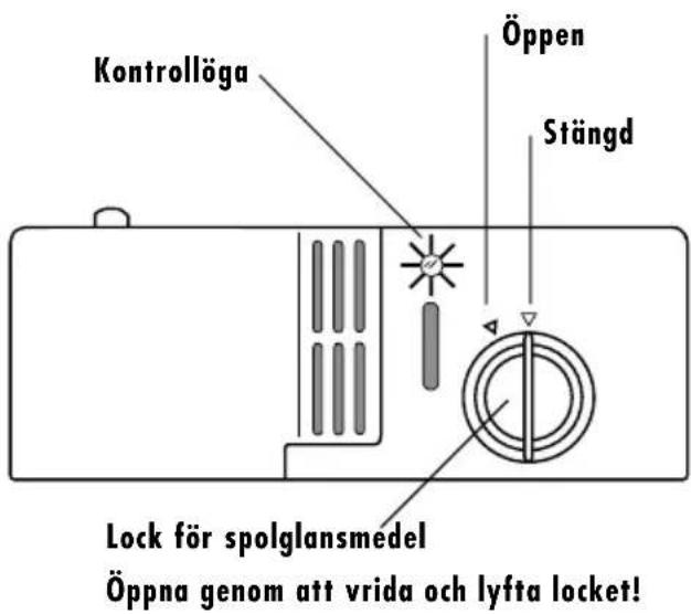 Kontrollöga Öppen Stängd Lock för spolglansmedel Öppna genom att vrida och lyfta locket!