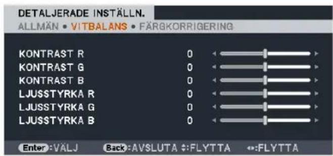 DETALJERADE INSTÄLLN. ALLMÄN • VITBALANS • FÄRGKORRIGERING KONTRAST R 0 KONTRAST G 0 KONTRAST B 0 LJUSSTYRKA R 0 LJUSSTYRKA G 0 LJUSSTYRKA B 0 Enter:VALJ Back:AVSLUTA :FLYT TA FLYT TA