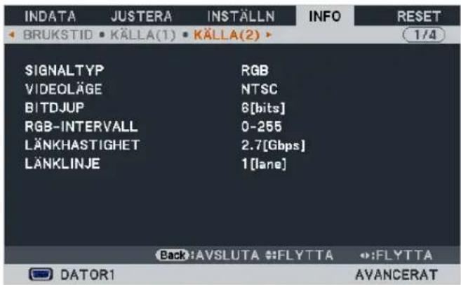 INDATA JUSTERA INSTÄLLN INFO RESET BRUKSTID KÄLLA(1) KÄLLA(2) SIGNALTYP RGB VIDEOLÄGE NTSC BITDJUP 8[bits] RGB-INTERVALL 0-255 LÄNKHASTIGHET 2.7[Gbps] LÄNKLINJE 1[lane] Back:AVSLUTA :FLYTTA :FLYTTA DATOR1 AVANCERAT