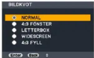BILDKVOT NORMAL 4:3 FÖNSTER LETTERBOX WIDESCREEN 4:3 FYLL Enter Back
