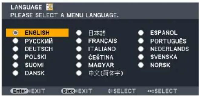 LANGUAGE PLEASE SELECT A MENU LANGUAGE. ● ENGLISH ● PYCCKIЙ ● DEUTSCH ● POLSKI ● SUOMI ● DANSK ● 日本語 ● FRANÇAIS ● ITALIANO ● ČEŠTINA ● MAGYAR ● 中文(简体字) ● ESPAÑOL ● PORTUGUÊS ● NEDERLANDS ● SVENSKA ● NORSK Enter:EXIT Back:EXIT ♦:SELECT ♦:SELECT