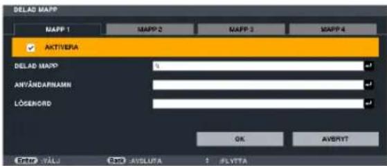 DELAD MAPP MAPP 1 MAPP 2 MAPP 3 MAPP 4 ✓ AKTIVERA DELAD MAPP 0 ANVÄNDAPNAMN LÖSEBORD OK AVERYT Enter -YILL Back -AVSLURA #FLVTTA