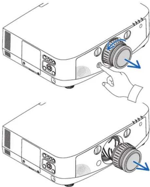 RICOH PJ WX6180N - Tryck in linsens frigöringsknapp på projektorns framsida helt och vrid samtidigt linsen moturs. - 1