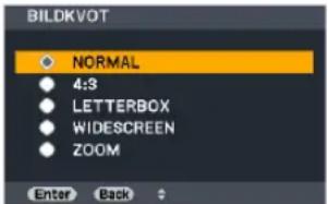 BILDKVOT NORMAL 4:3 LETTERBOX WIDESCREEN ZOOM Enter Back